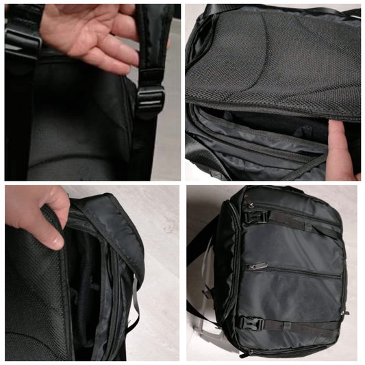 false camera bag with different perspectives showing manufacturing and design of inauthentic backpack